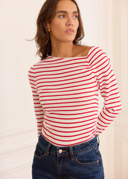 Pull blanc rayé rouge