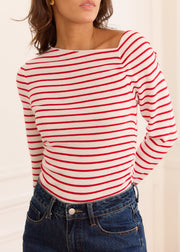Pull blanc rayé rouge