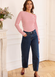 Pull blanc rayé rouge
