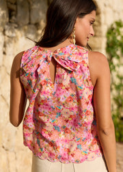 Top fleuri rose festonné