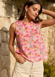 Top fleuri rose festonné