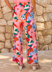 Pantalon fleuri fuchsia lien taille