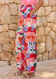Pantalon fleuri fuchsia lien taille