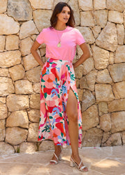 Jupe longue fleurie fuchsia