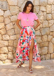 Jupe longue fleurie fuchsia