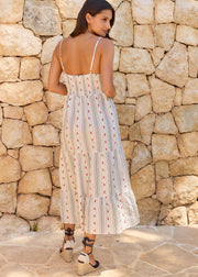 Robe longue rayée beige bleu brodée