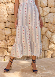 Robe longue rayée beige bleu brodée