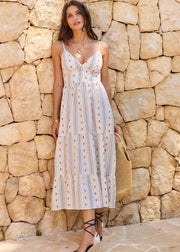 Robe longue rayée beige bleu brodée
