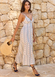 Robe longue rayée beige bleu brodée
