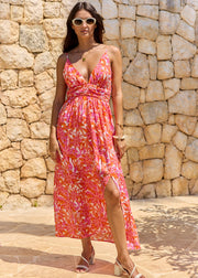 Robe fleurie rouge orange fluide