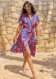 Robe midi fleurie bleu rose ceinturée