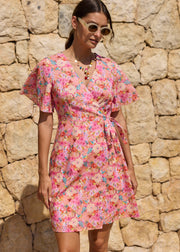 Robe portefeuille fleurie rose
