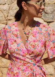 Robe portefeuille fleurie rose