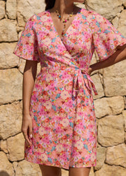 Robe portefeuille fleurie rose