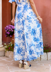 Robe longue fleurie bleue cintrée