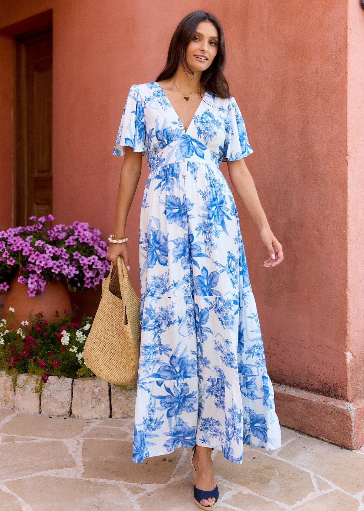 Robe longue fleurie bleue cintrée