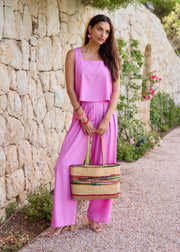 Pantalon fuchsia en lin à pinces