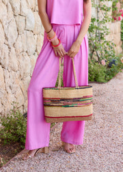 Pantalon fuchsia en lin à pinces