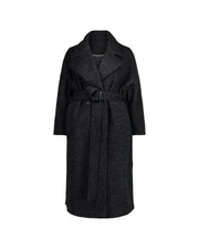 Manteau oversize en laine, manteau noir ceinturé, sans modèle sur fond blanc, vue de face