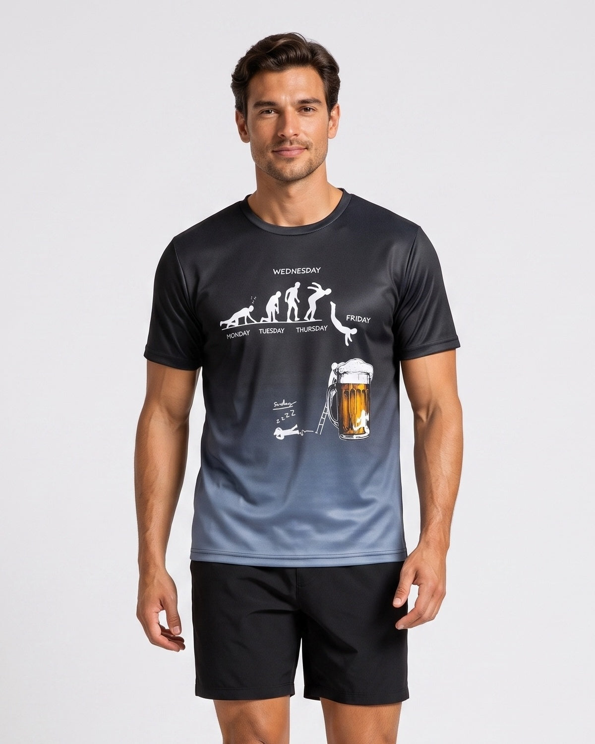 T-shirt imprimé graphique dégradé noir et bleu — vue portée de face