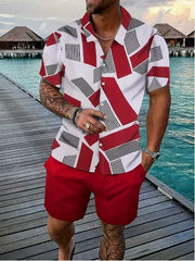 Ensemble chemise géométrique et short rouge — vue portée en pied