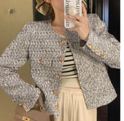 Veste Bérénice pour femme tweed gris et blanc — vue portée de face, selfie miroir