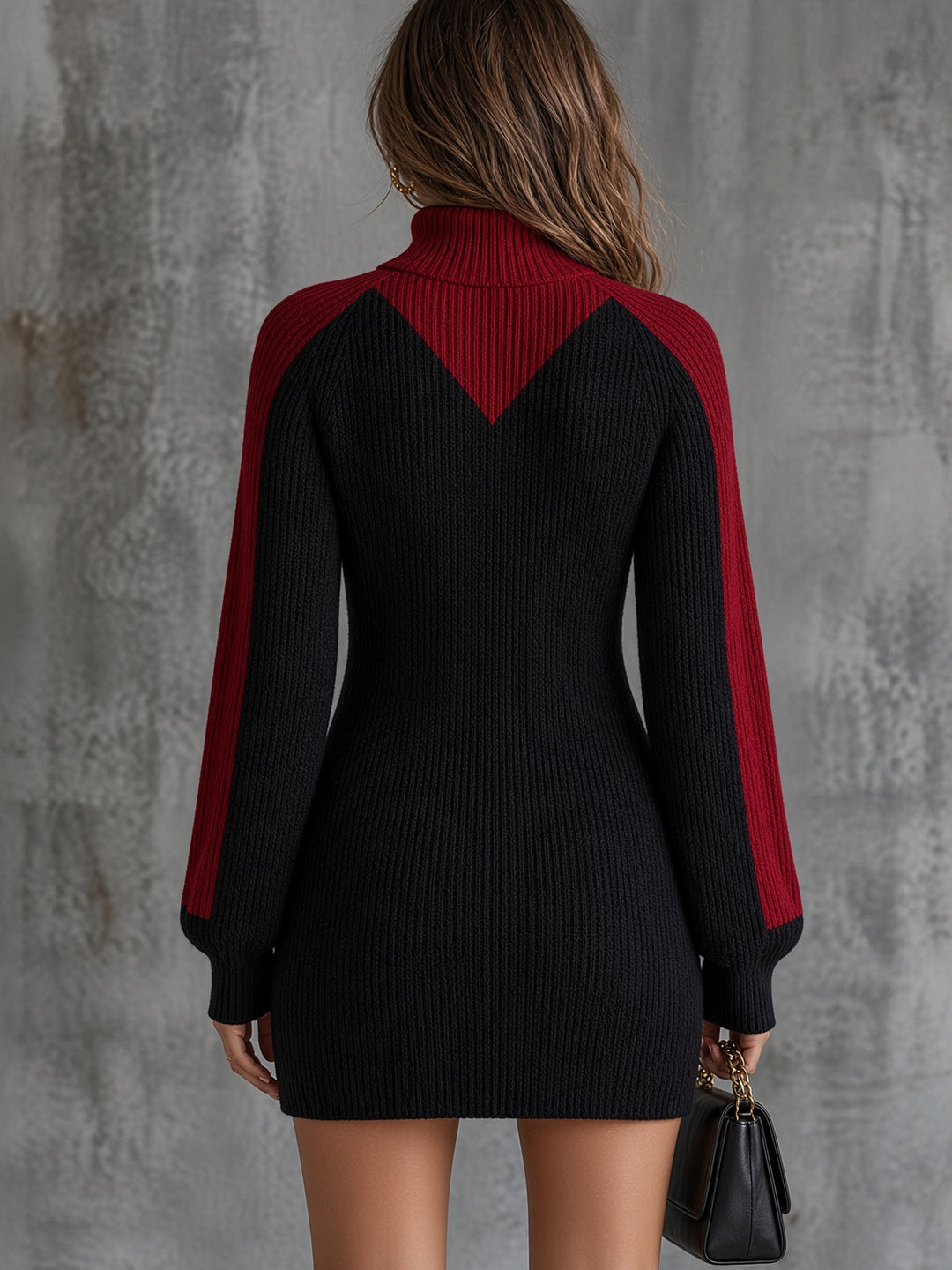 Robe-pull col roulé contrasté — vue de dos