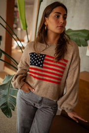 Pull à drapeau col rond camel porté par une femme, vue rapprochée, drapeau, plante