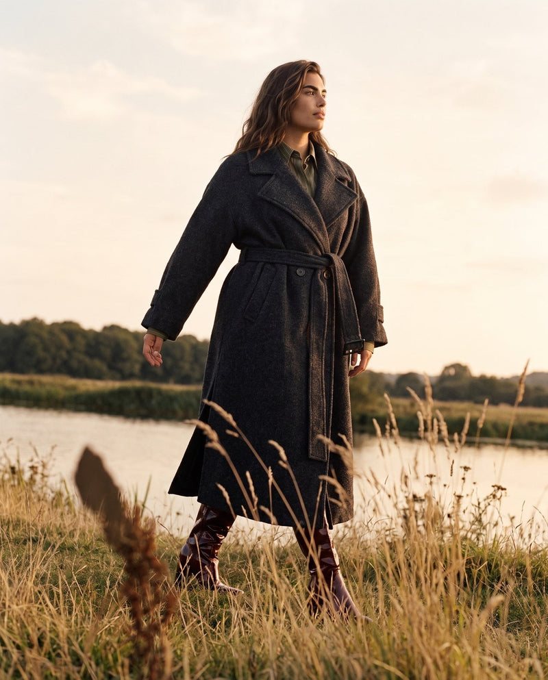 Manteau oversize en laine porté par une femme, silhouette entière, ceinture, lac