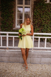 Robe patineuse plissée portée par une femme, vue de face, fenêtre, balustrade blanche
