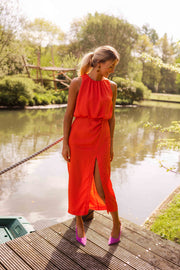 Robe fluide à col montant portée par une femme, vue de face, fente, étang