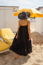 Robe à bretelles volantées portée par une femme, vue de dos, parasol jaune, chapeau