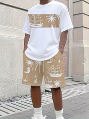 Ensemble chemise et short beige — vue de face, t-shirt et short assortis