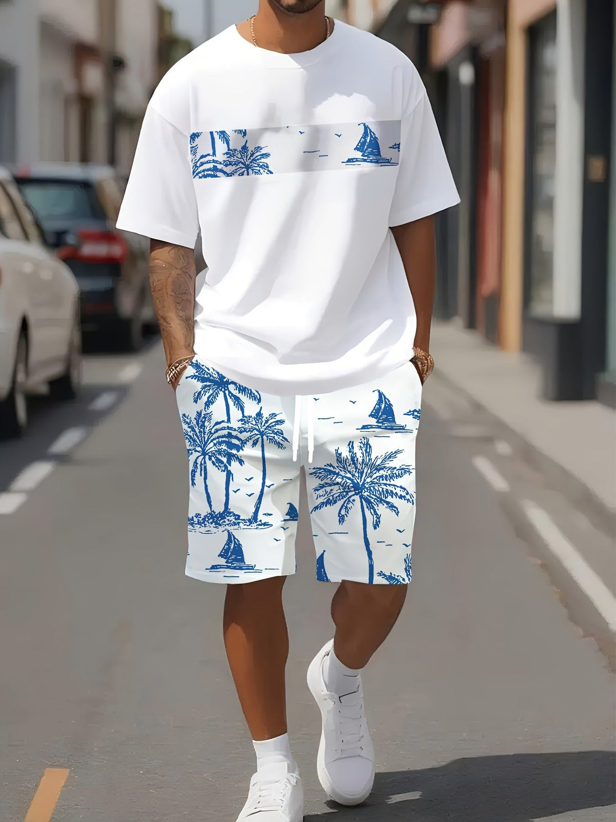 Ensemble chemise palmier et short motif bleu — vue portée en extérieur, de face