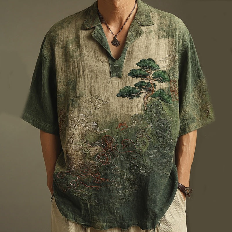 Polo à motif paysage kaki, vue portée de face