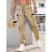 Pantalon cargo poches rabat beige — vue portée de profil, poche cargo