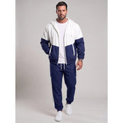 Ensemble veste patchwork et pantalon bleu marine — vue portée en pied