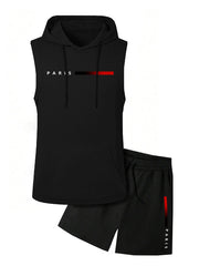 Ensemble gilet capuche short noir — pièce isolée, vue de face