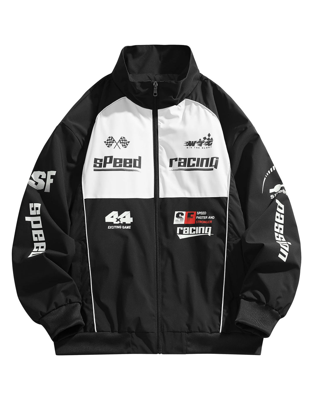 Blouson graphique noir à col montant, imprimés racing, vue de face