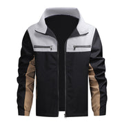 Veste zippée col montant bicolore — noire à empiècement gris clair et bandes beige, vue de face