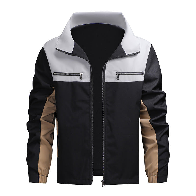 Veste zippée col montant bicolore — noire à empiècement gris clair et bandes beige, vue de face