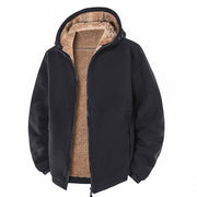 Veste noire à capuche, ouverte de face avec doublure beige.