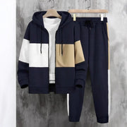 Ensemble capuche blocs contrastants — bleu marine sur cintre, blocs blanc et beige