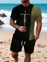 Ensemble t-shirt bicolore et short noir et vert olive — vue portée en pied