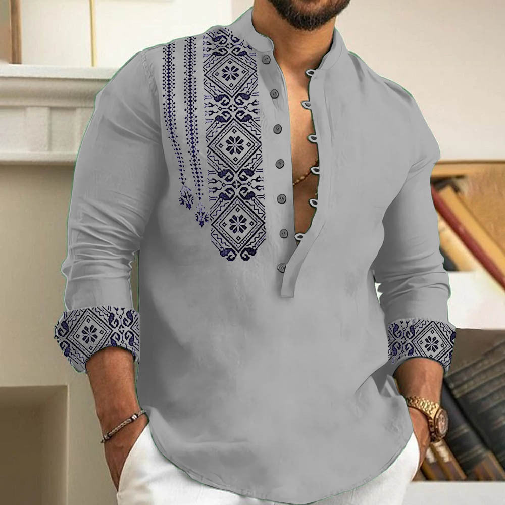 Chemise imprimée ethnique grise, vue portée de face
