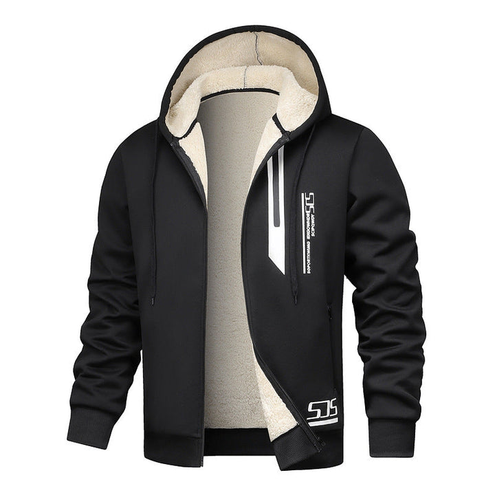 Blouson noir ouvert à capuche, doublure beige et inscriptions sur la pièce.