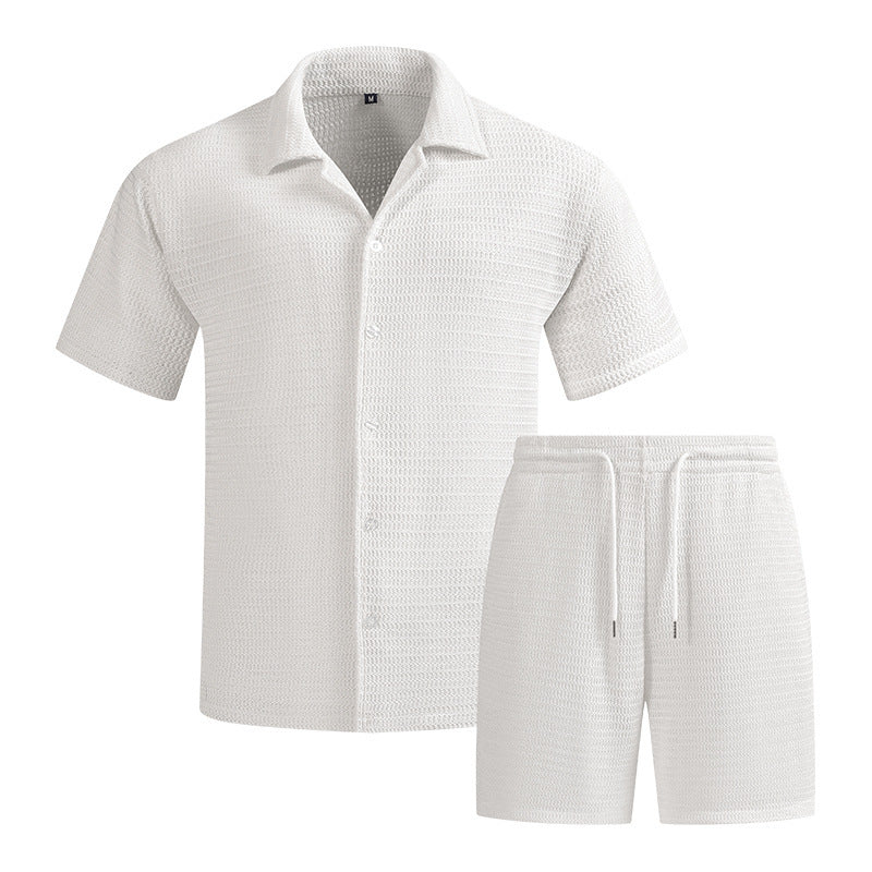 Ensemble vacances uni — blanc présenté à plat, chemise texturée et short à cordon