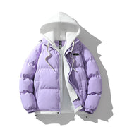 Veste à capuche effet superposé — doudoune lilas, capuche et plastron blancs