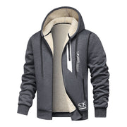 Blouson gris foncé ouvert à capuche et doublure beige, vu de face.