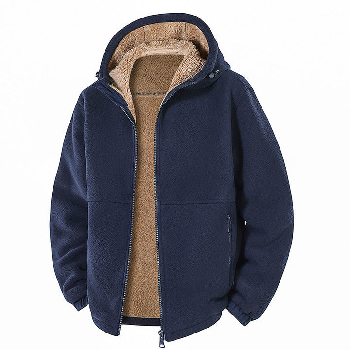 Veste bleu marine à capuche, ouverte de face avec doublure beige.